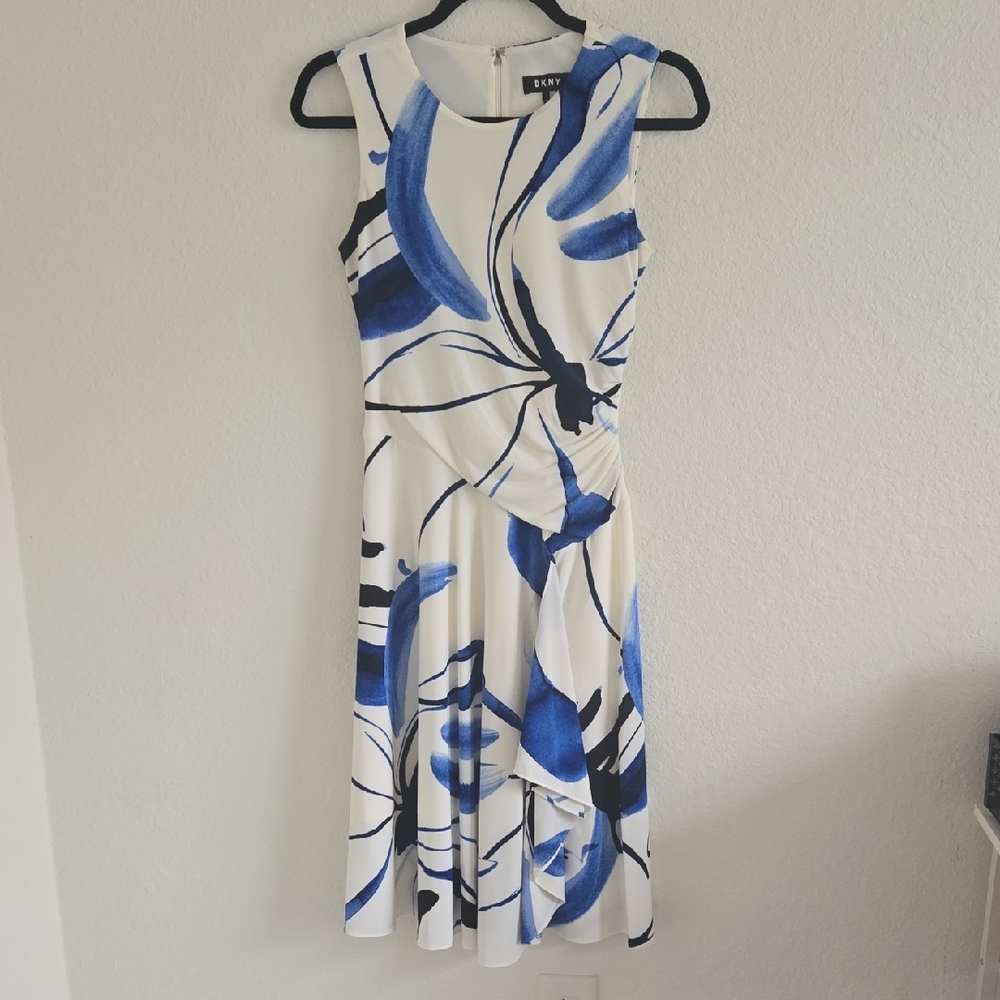 DKNY Abstract Blue and White Midi Dress